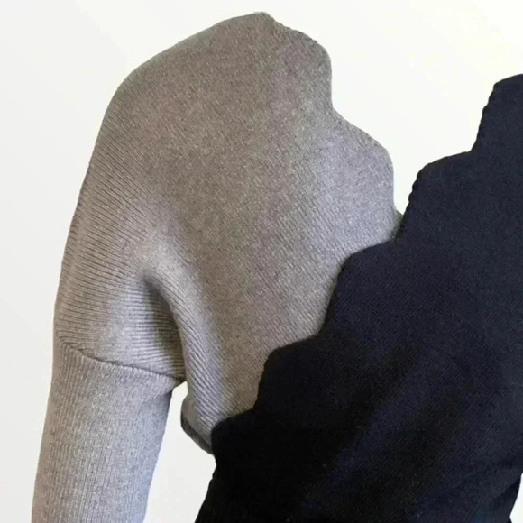 Sweater dress COLOR BLOCK ribbed knit faux wrap bodycon black gray women medium - Picture 7 of 16
